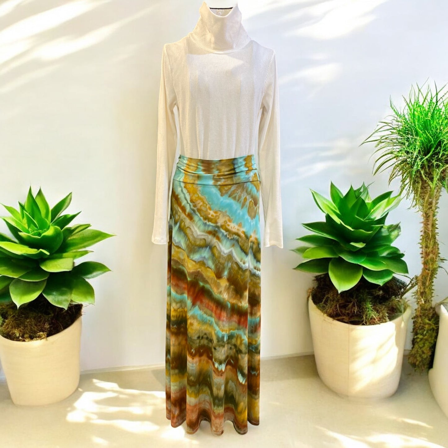 Feather Design Women's High Waisted Flowy Long Maxi Skirt Size XL