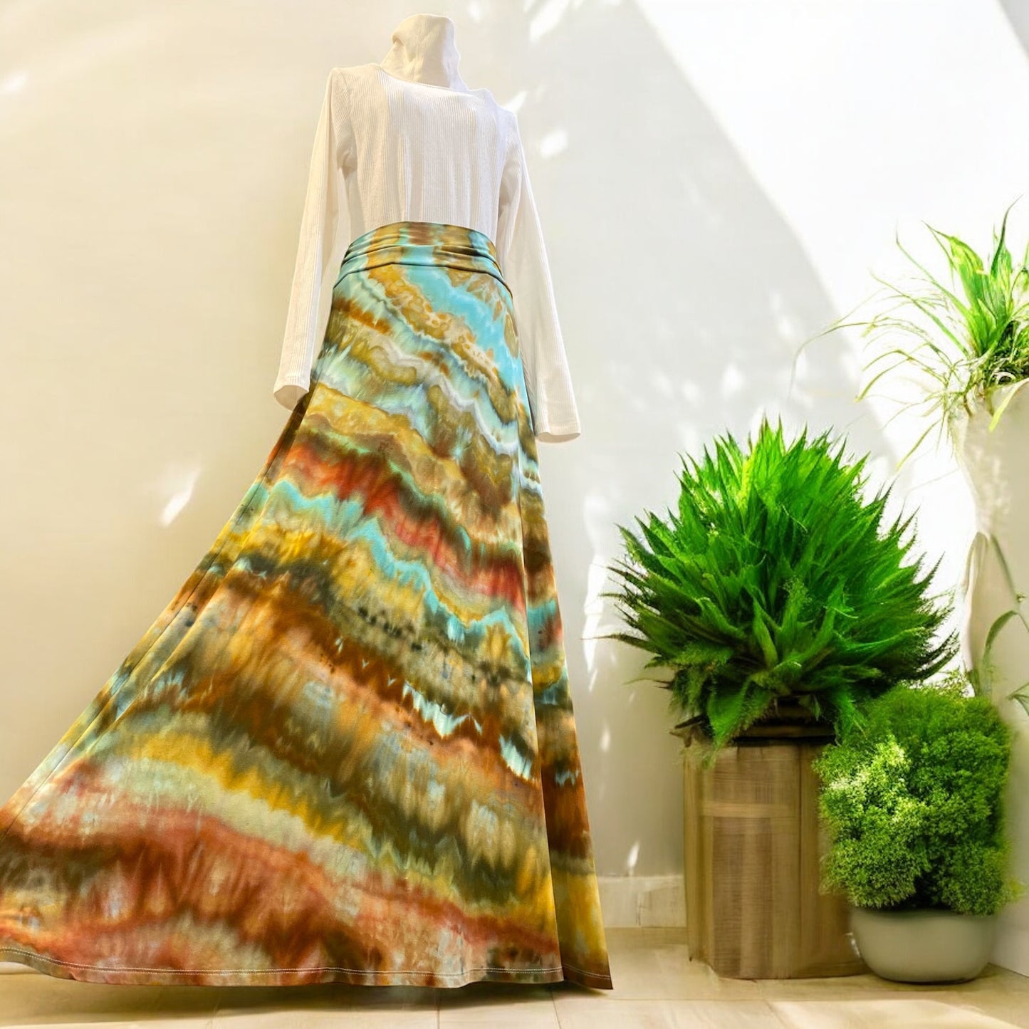 Feather Design Women's High Waisted Flowy Long Maxi Skirt Size XL