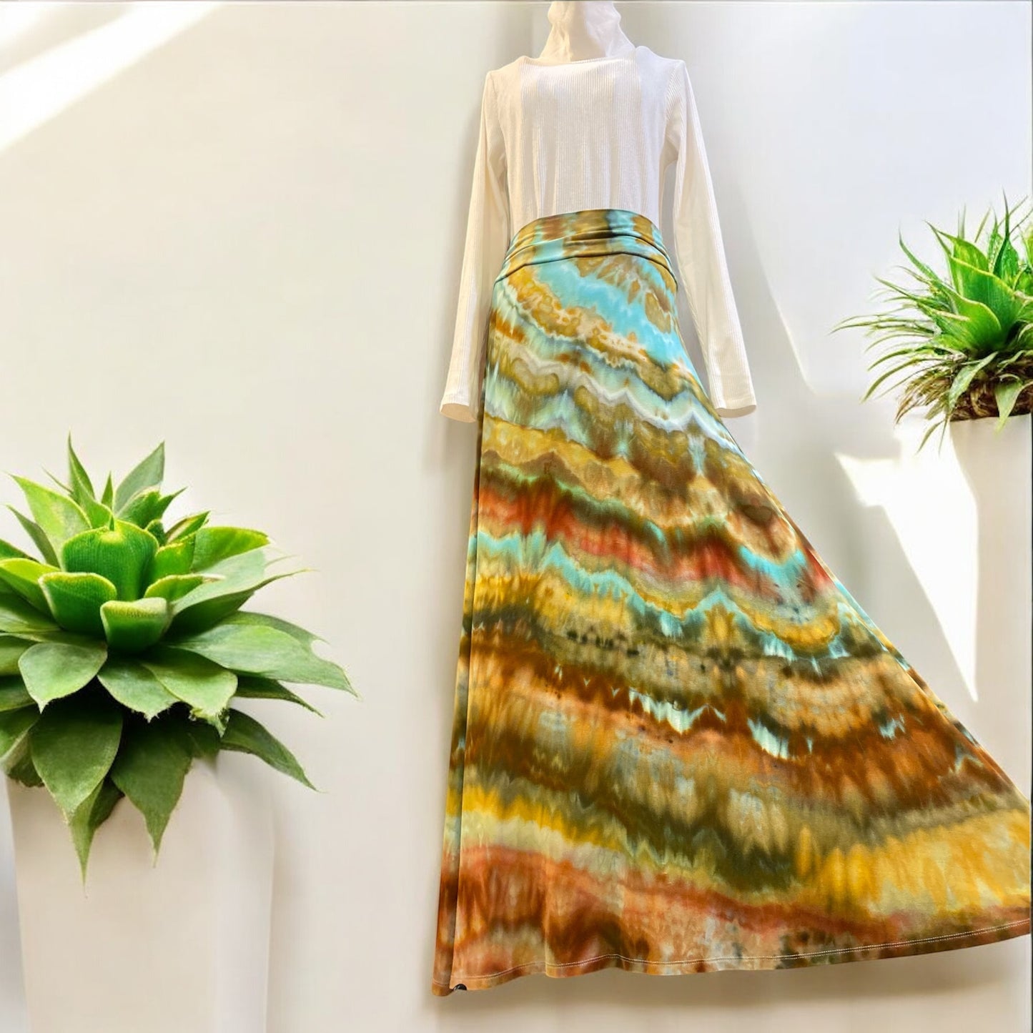 Feather Design Women's High Waisted Flowy Long Maxi Skirt Size XL