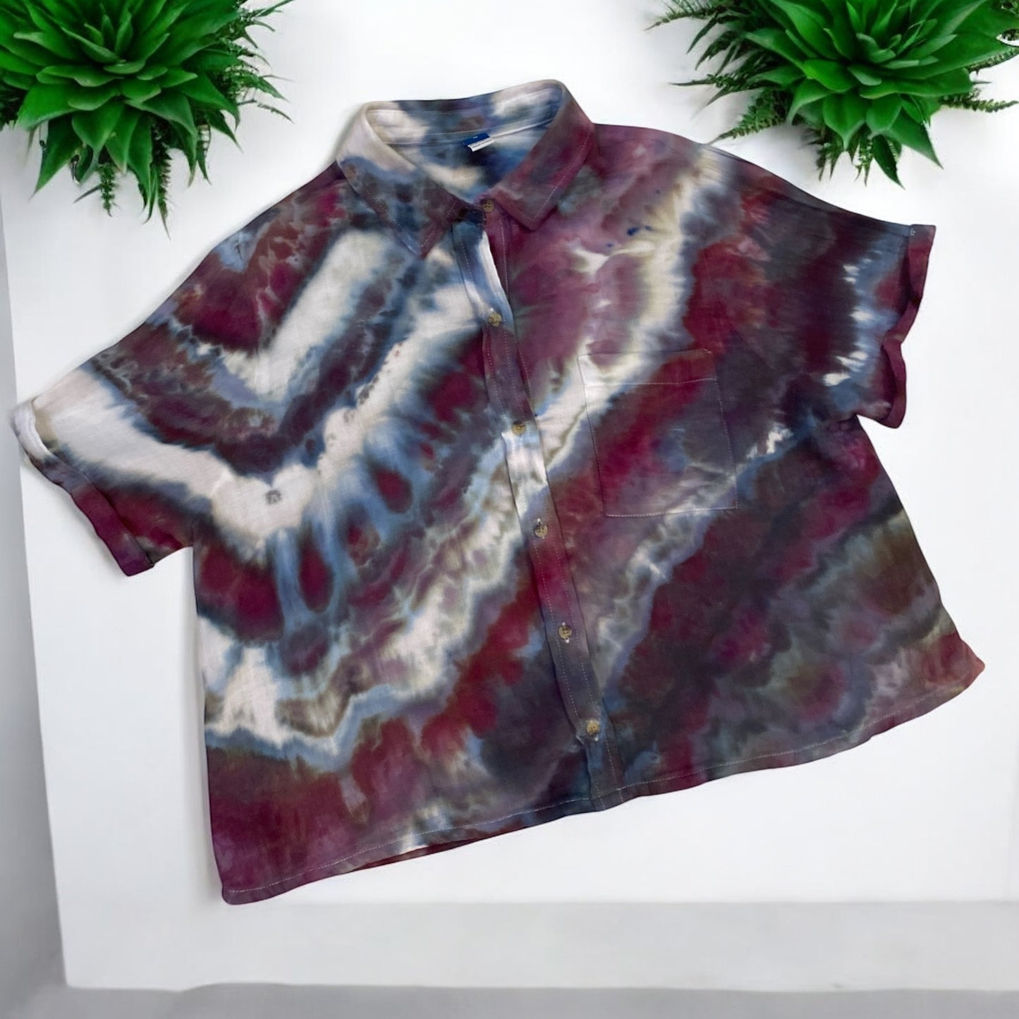 Women's 2 Piece Feather Design Crinkle Gauze Loose Button-Down Shirt with Matching Wide Leg Pants