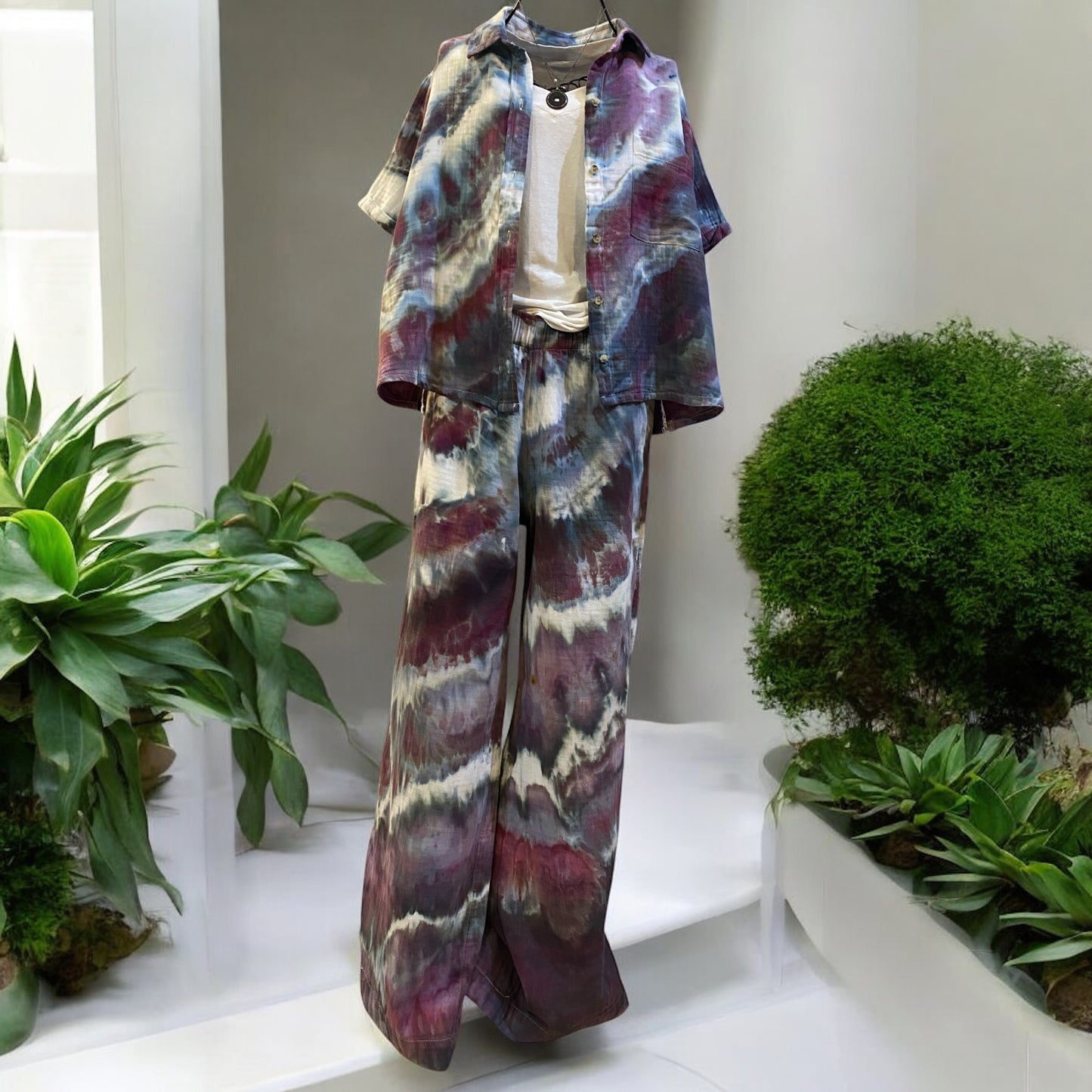 Women's 2 Piece Feather Design Crinkle Gauze Loose Button-Down Shirt with Matching Wide Leg Pants