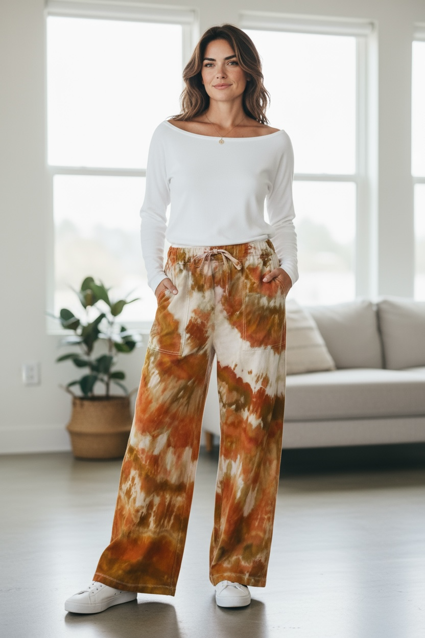 Feather Design Fall Inspired Women's GAP Loose Fit Wide Hem Linen Pant Size Large