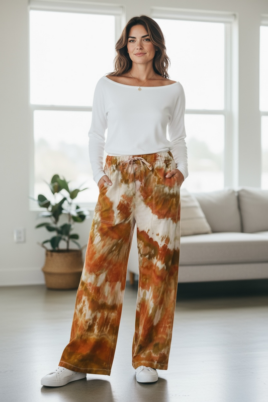 Feather Design Fall Inspired Women's GAP Loose Fit Wide Hem Linen Pant Size Large